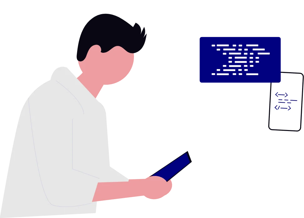 Dibujo vectorial de un hombre leyendo código