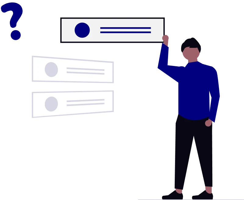 Dibujo vectorial de un hombre al lado de un interrogante, representando preguntas